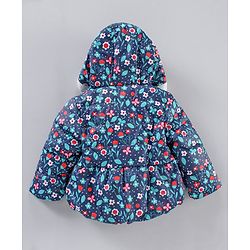 Babyhug Winter Wear Full Sleeves Hooded Padded Jacket & Lounge Pant Floral Print - Navy Blue Light Pink
