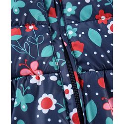 Babyhug Winter Wear Full Sleeves Hooded Padded Jacket & Lounge Pant Floral Print - Navy Blue Light Pink