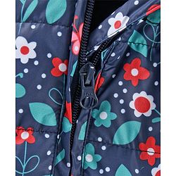 Babyhug Winter Wear Full Sleeves Hooded Padded Jacket & Lounge Pant Floral Print - Navy Blue Light Pink