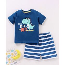 Babyhug Half Sleeves Tee With Shorts Dino & Stripes Print- Blue