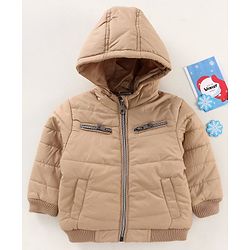 Babyhug Full Sleeves Solid Heavy Winter Hooded Jacket - Fawn