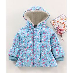 Babyhug Full Sleeves Hooded Heavy Winter Jacket Floral Print - Blue