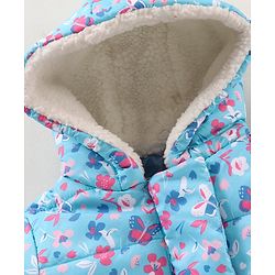 Babyhug Full Sleeves Hooded Heavy Winter Jacket Floral Print - Blue