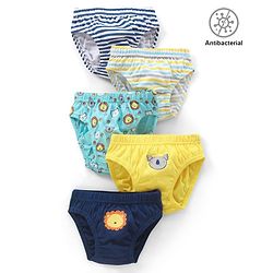 Babyhug  Cotton Knit Antibacterial Animal Print & Striped Briefs Pack of 5 - Multicolour