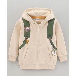 Babyhug Full Sleeves Hooded Sweat Jacket With Bag Print- Beige
