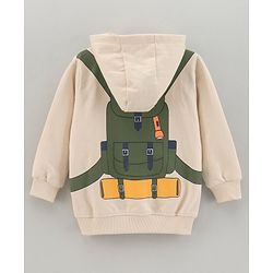 Babyhug Full Sleeves Hooded Sweat Jacket With Bag Print- Beige