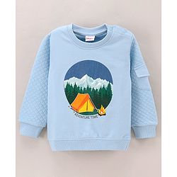 Babyhug Full Sleeves Knit Sweatshirt With Mountain Print And Pocket & Quilting at Sleeves - Blue
