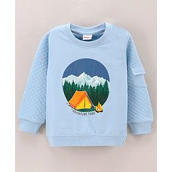 Babyhug Full Sleeves Knit Sweatshirt With Mountain Print And Pocket & Quilting at Sleeves - Blue