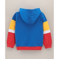 Babyhug Full Sleeves Hooded Cut & Sew Colour Block Sweatjacket with Print - Blue