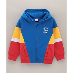 Babyhug Full Sleeves Hooded Cut & Sew Colour Block Sweatjacket with Print - Blue