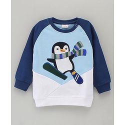 Babyhug Cotton Blend Full Sleeves Cut & Sew Sweat Shirt Penguin Printed Applique - Navy White