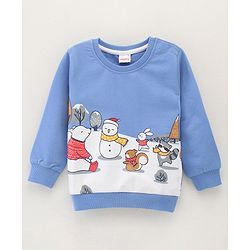 Babyhug Cotton Blend Full Sleeves Sweat Shirt Snowman Print - Blue