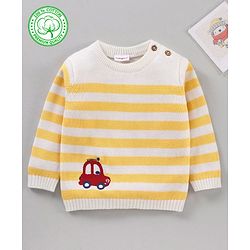 Babyhug 100% Organic Cotton Full Sleeves Stripe Sweater Car Embroidery - Off White Yellow