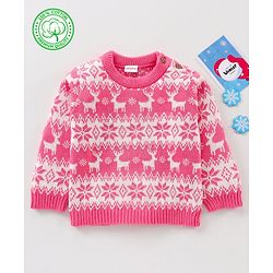 Babyhug 100% Organic Cotton Knit Full Sleeves Sweater Intarsia Design- Pink White