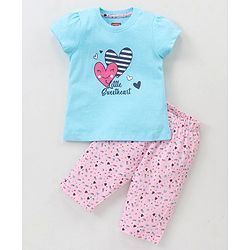 Babyhug 100% Cotton Half Sleeves Night Suit Heart Print - Blue