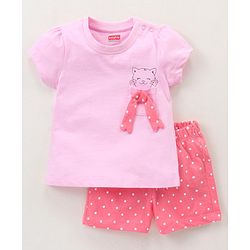 Babyhug 100% Cotton Half Sleeves Night Suit Kitty Print - Pink