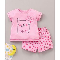 Babyhug Puffed Sleeves 100% Cotton Single Jersey Night Suit Bow Applique Kitty Print - Pink