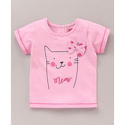 Babyhug Puffed Sleeves 100% Cotton Single Jersey Night Suit Bow Applique Kitty Print - Pink
