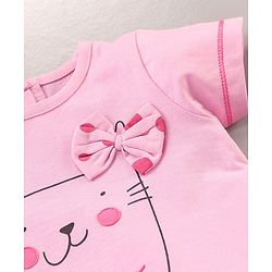 Babyhug Puffed Sleeves 100% Cotton Single Jersey Night Suit Bow Applique Kitty Print - Pink