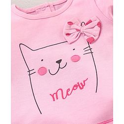 Babyhug Puffed Sleeves 100% Cotton Single Jersey Night Suit Bow Applique Kitty Print - Pink