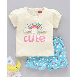 Babyhug 100% Cotton Single Jersey Puffed Sleeves Night Suit Cloud Badge - Yellow