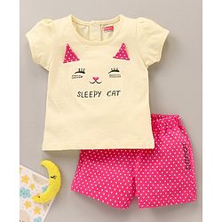 Babyhug Cotton Half Sleeves Tee & Shorts Set Dot Print & Kitty Embroidery- Pink