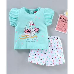 Babyoye Cotton Knit Puffed Half Sleeves Night Suit Multiprint - Blue