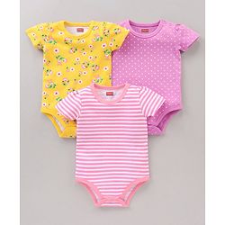 Babyhug 100% Cotton Onesie Printed Pack of 3 - Pink Yellow