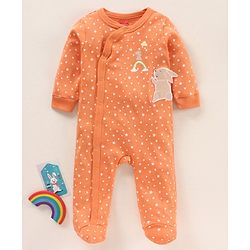 Babyhug Full Sleeves Footed Sleep Suit Stars Print & Bunny Patch - Orange