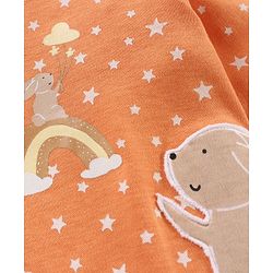Babyhug Full Sleeves Footed Sleep Suit Stars Print & Bunny Patch - Orange