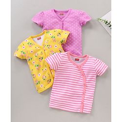 Babyhug 100% Cotton Half Sleeves Floral Print & Striped Vest Pack Of 3 - Yellow & Pink