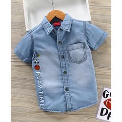 Babyhug Cotton Knit Half Sleeves Sports Print Denim Shirt - Blue