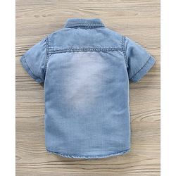 Babyhug Cotton Knit Half Sleeves Sports Print Denim Shirt - Blue