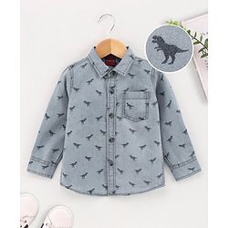 Babyhug Full Sleeves Washed Denim Shirt Dino Print - Blue