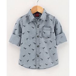 Babyhug Full Sleeves Washed Denim Shirt Dino Print - Blue