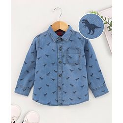 Babyhug Full Sleeves Washed Denim Shirt Dino Print - Blue