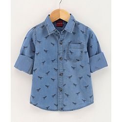 Babyhug Full Sleeves Washed Denim Shirt Dino Print - Blue