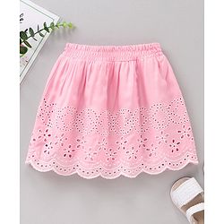 Babyhug Cotton Skirt With Lining & Schiffli Design Solid - Pink