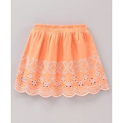 Babyhug Cotton Skirt With Lining & Schiffli Design Solid- Orange