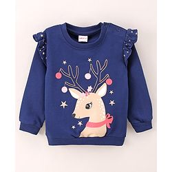 Babyhug Full Sleeves Sweatshirt With frill and Deer Print Along With Sequence - Blue