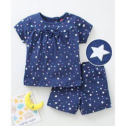 Babyhug Cap Sleeves Tee With Shorts Star Print & Bow Applique- Blue
