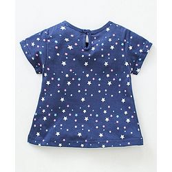 Babyhug Cap Sleeves Tee With Shorts Star Print & Bow Applique- Blue