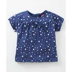 Babyhug Cap Sleeves Tee With Shorts Star Print & Bow Applique- Blue