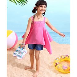 Babyhug Rayon Sleeveless Solid Top With Lace Detailing- Neon Pink