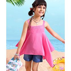 Babyhug Rayon Sleeveless Solid Top With Lace Detailing- Neon Pink