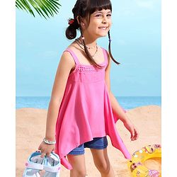 Babyhug Rayon Sleeveless Solid Top With Lace Detailing- Neon Pink