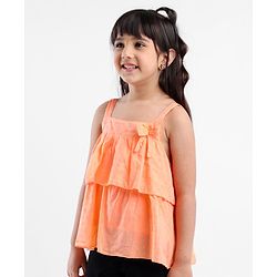 Babyhug Sleeveless Swiss Dot Woven Top With Bow & Frill Detailing - Peach