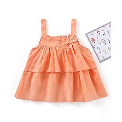 Babyhug Sleeveless Swiss Dot Woven Top With Bow & Frill Detailing - Peach