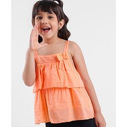 Babyhug Sleeveless Swiss Dot Woven Top With Bow & Frill Detailing - Peach