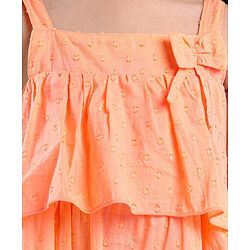 Babyhug Sleeveless Swiss Dot Woven Top With Bow & Frill Detailing - Peach
